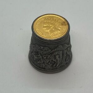 Vtg Native American Buffalo Teepee Theme Thimble w American 1900 One Cent Coin